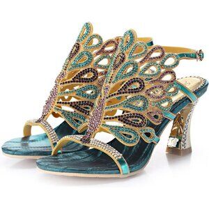 Women's Blue Rhinestone Peacock Pattern  Chunky Stylish Comfortable Sandal Heel